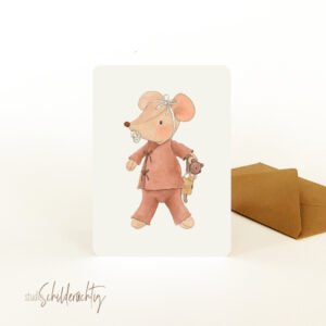 wenskaart babymuis meisjes met knuffel